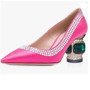 FSJ Fuchsia Satin Pointed Toe Low Heel Crystal Pumps Slip on Wedding Shoes